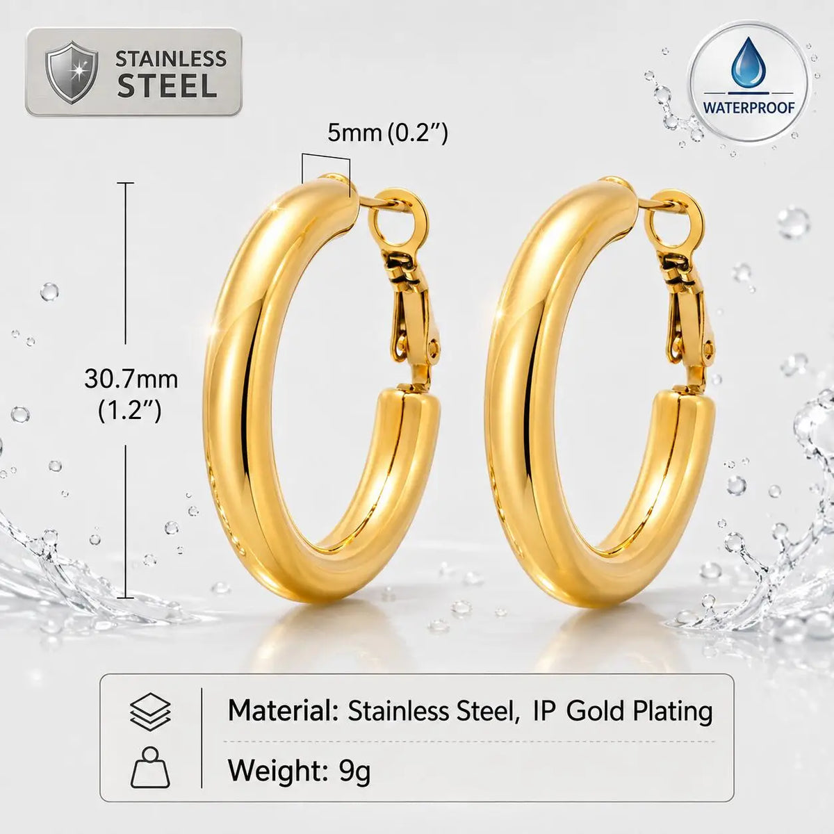 Gold chunky hoop earrings, 30.7 mm diameter and 5 mm wide