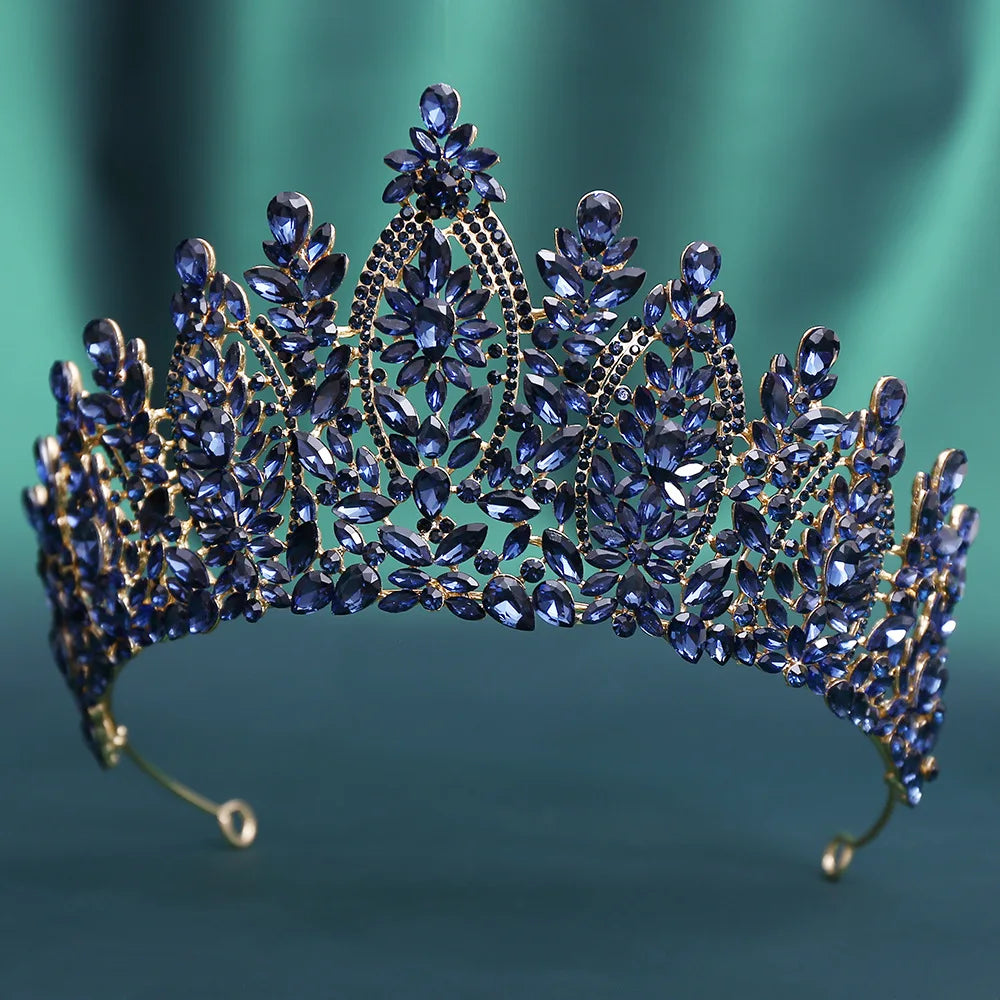 Dark blue crystal tiara with teardrop marquise stones and leaf-like crown top