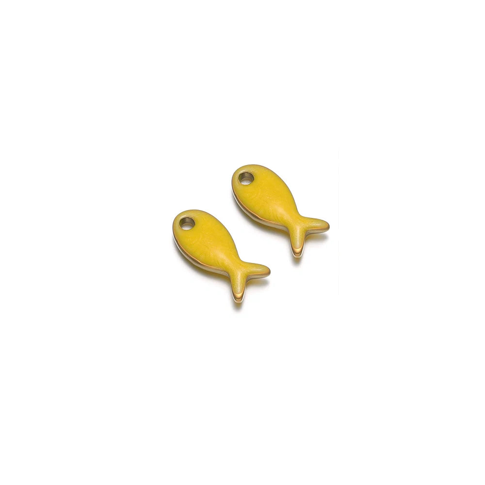 Pair of yellow double-sided fish charms with round hanging holes