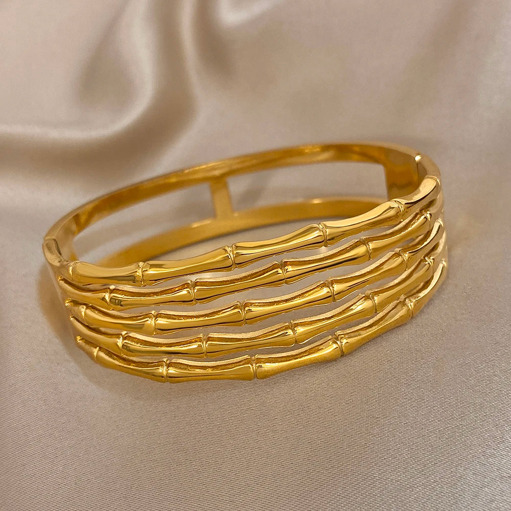 Unique Geometric Multilayer Bamboo Wide Bracelet Stylish Gold Plated Stainless Steel Cuff Bangle Bracelets Waterproof Jewelry