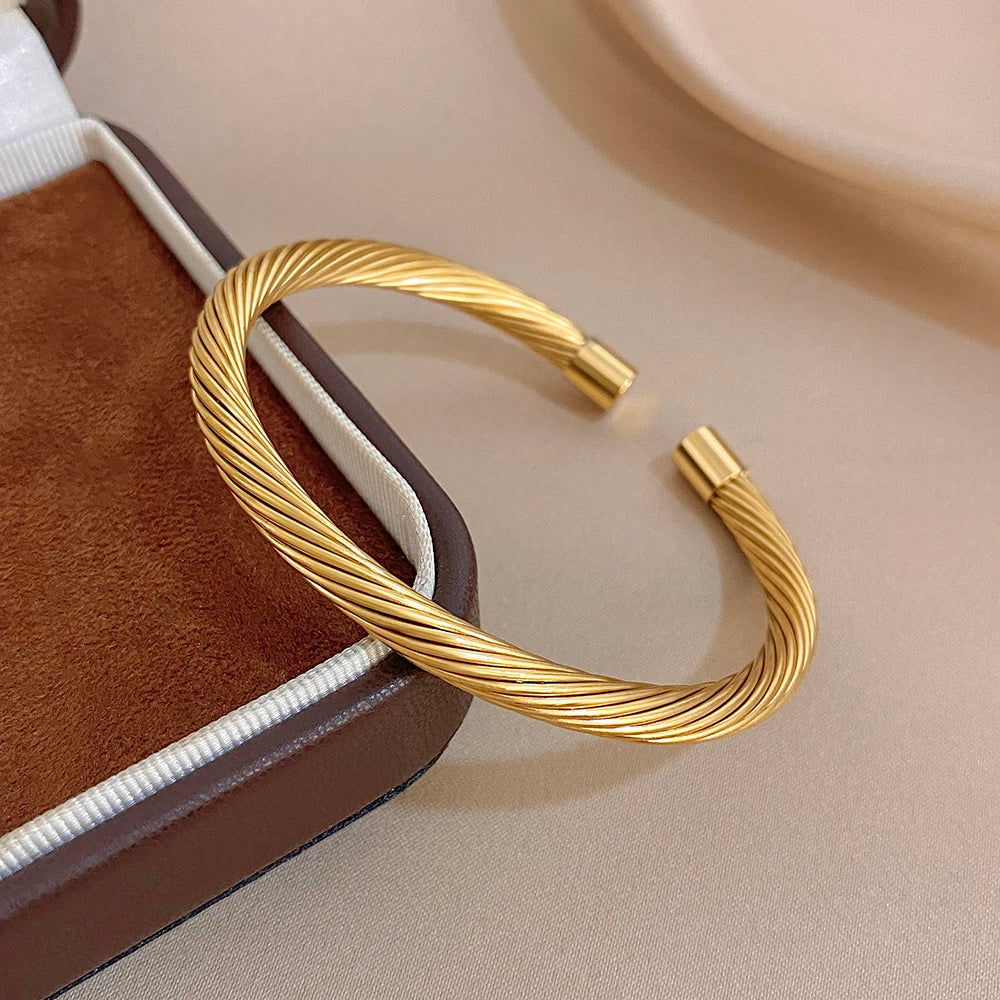 Fashion Gold Plated Stainless Steel Cuff Bangle for Women Glossy Twisted Chunky Open Bangle Bracelets Waterproof Jewelry