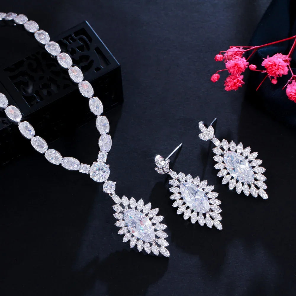 Silver-tone marquise CZ necklace with teardrop drop earrings
