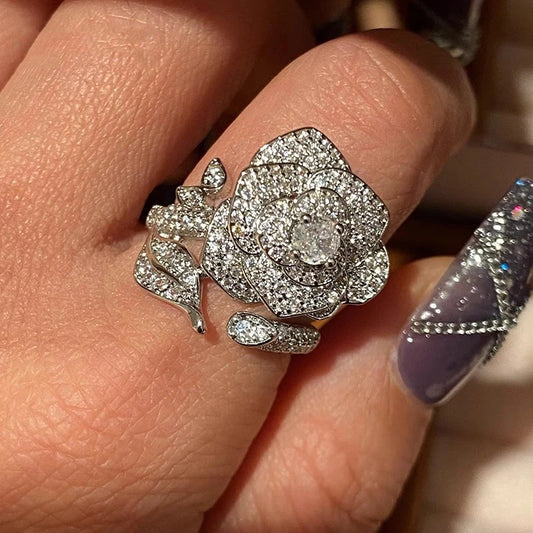 Crystal cubic zirconia flower adjustable ring with sparkling pavé details