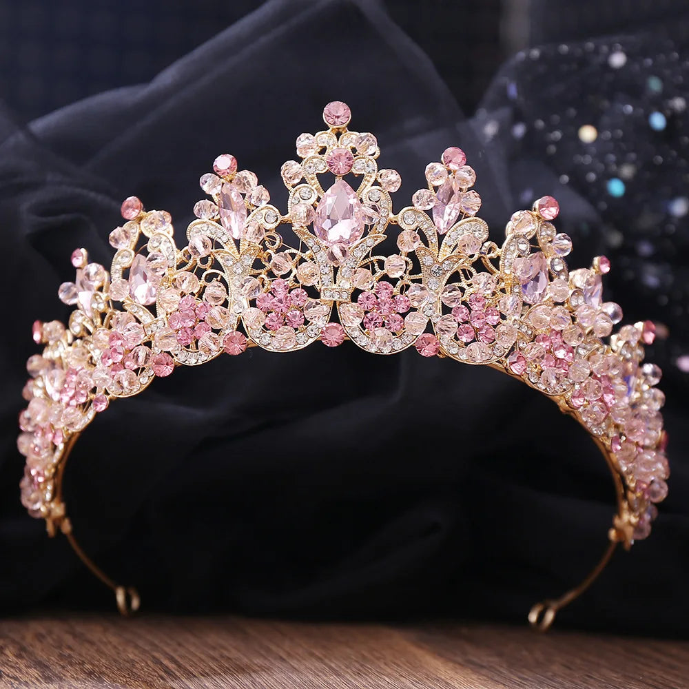 Champagne pink crystal tiara with glittering stones and detailed central centerpiece