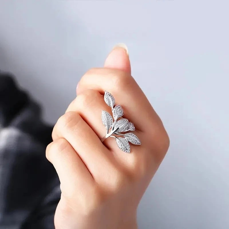 Leaf ring with pavé cubic zirconia on a silver-tone band