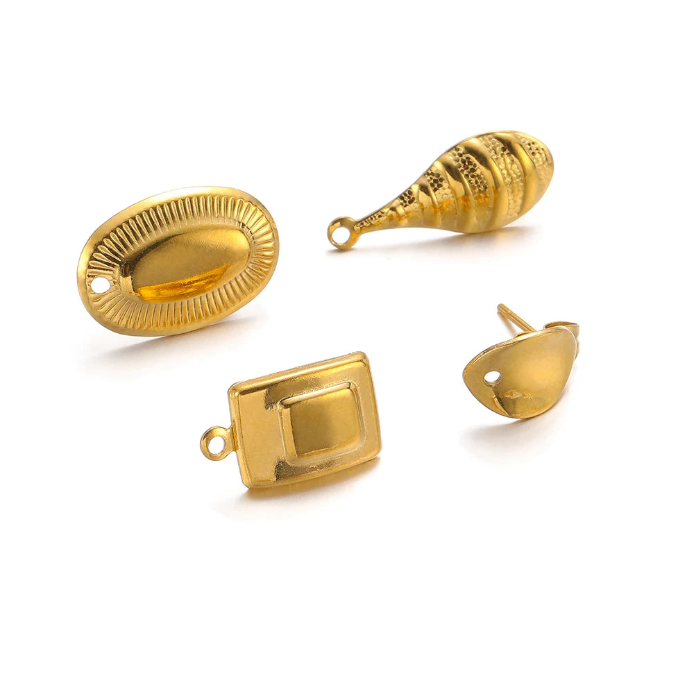 Gold oval stud earring findings with holes for DIY jewelry connectors, 4-piece set