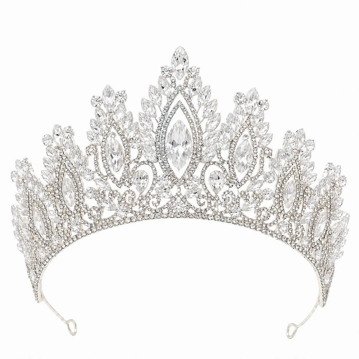 Crystal tiara headband with clear rhinestone teardrop centerpiece and ornate side stones