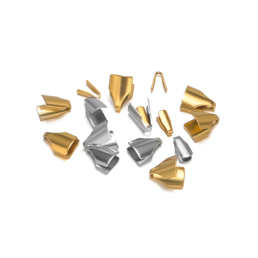 Assorted gold and silver fold-flat crimp end caps for cord tips