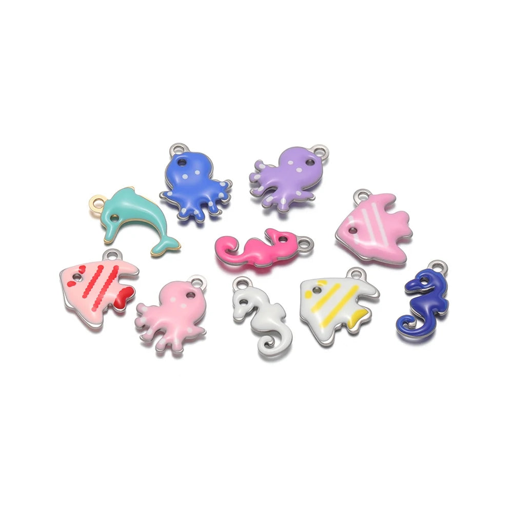 Mixed enamel marine animal charm pendants with dolphins, octopus, seahorses, and fish
