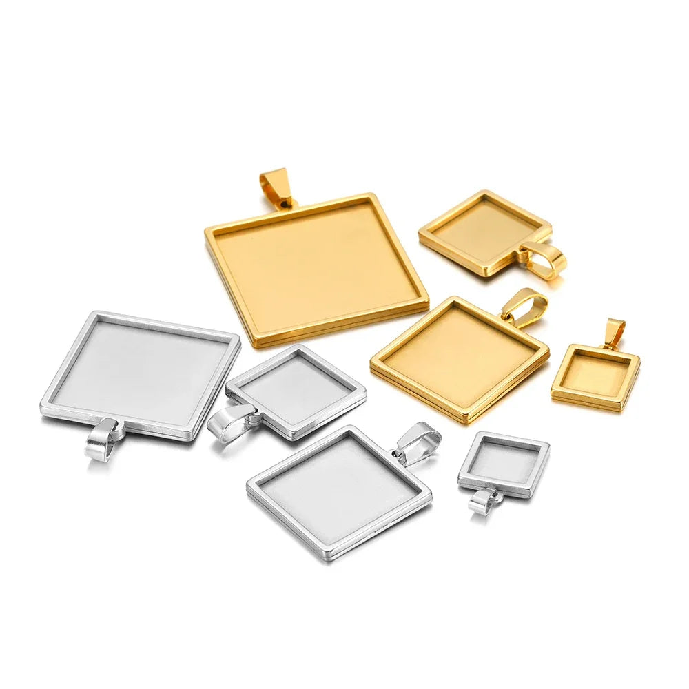 Square pendant bezel trays with bail, gold and silver finishes for cabochon blanks