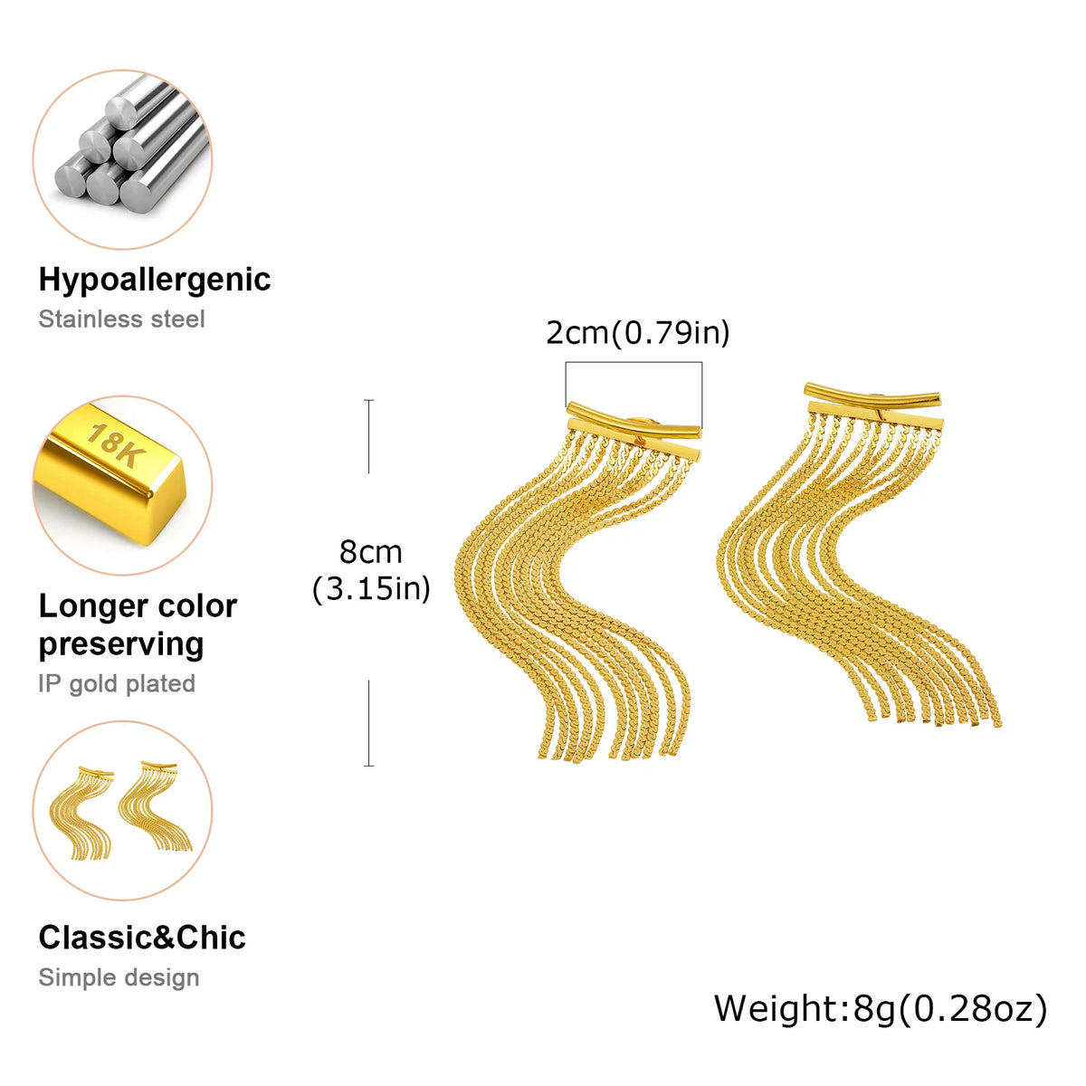 Gold tassel earrings infographic showing 2cm length, 8g weight, hypoallergenic