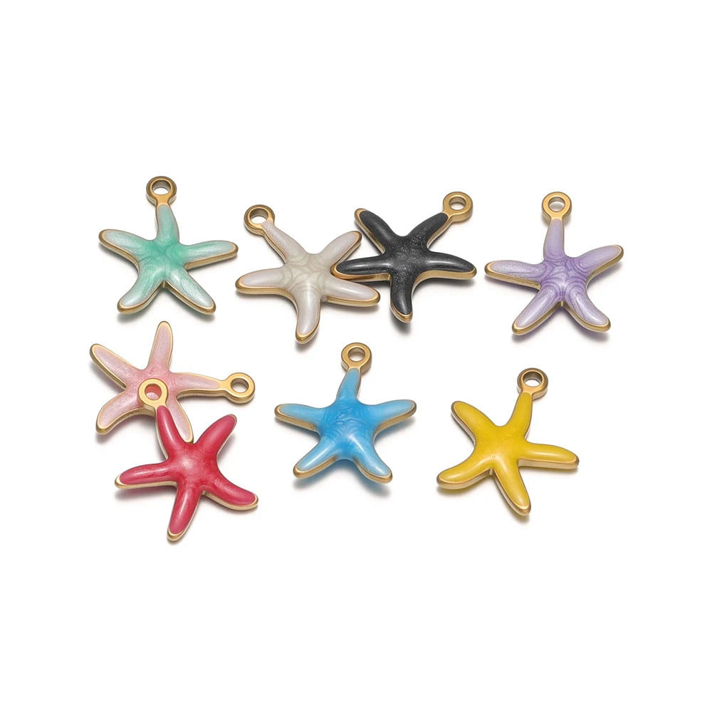 Set of starfish pendant charms in mixed colors with gold-tone loop holes