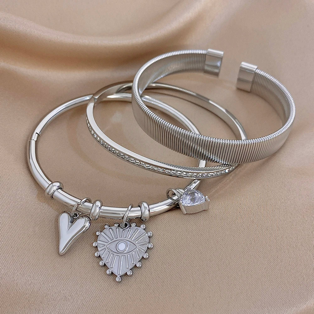 Trendy Silver Color Stainless Steel Cuff Bangle for Women Chunky Zircon Heart Charms Stacked Bracelets Waterproof Jewelry