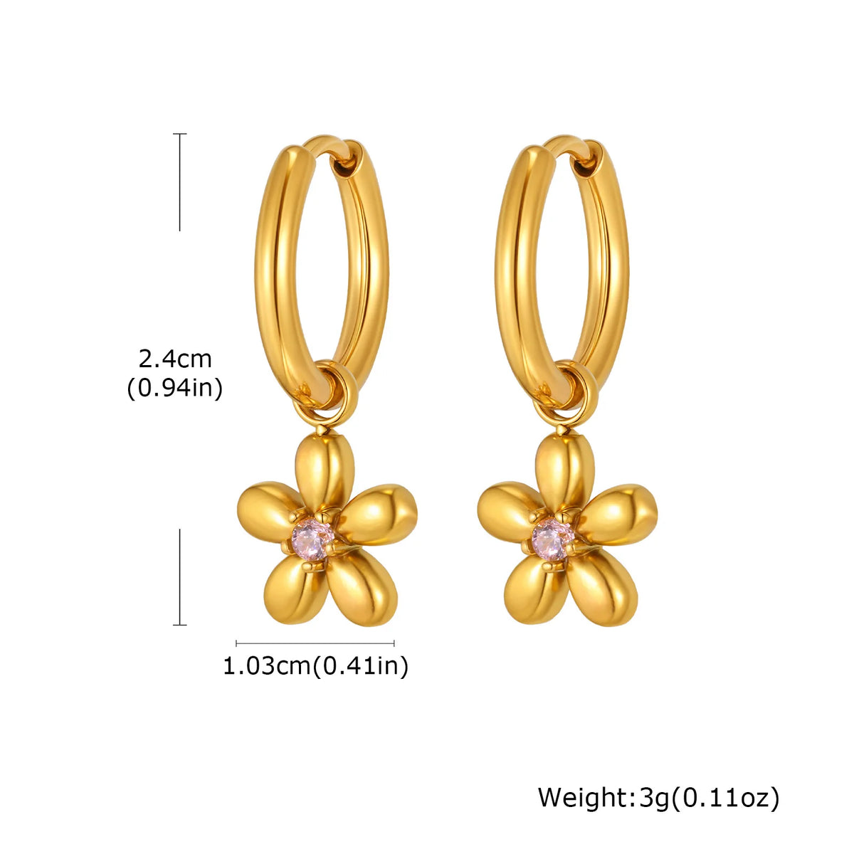 Gold flower charm hoop earrings with pale pink stone centers and size measurements.