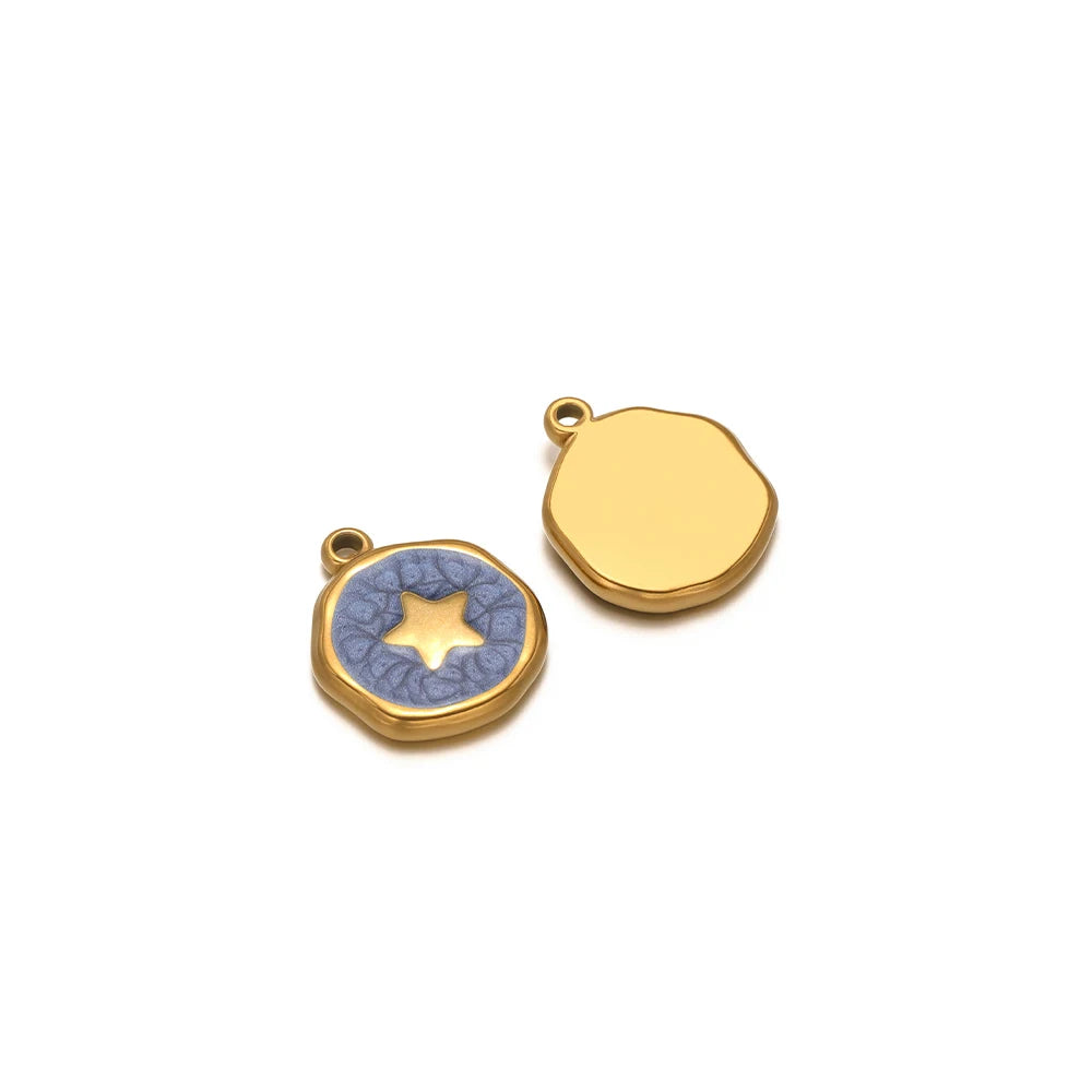 Enamel star charm pendant with blue enamel and gold star on round bezel