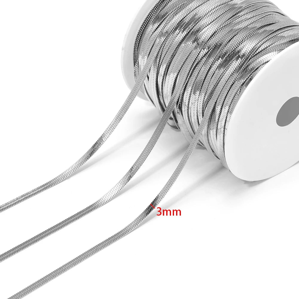 Silver flat snake chain cord, 3mm thickness, coiled on white spool