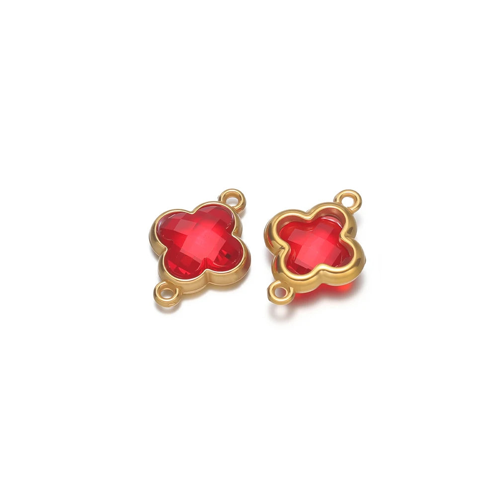 Four-leaf clover glass charm pendant in red with gold-tone loops, for DIY jewelry