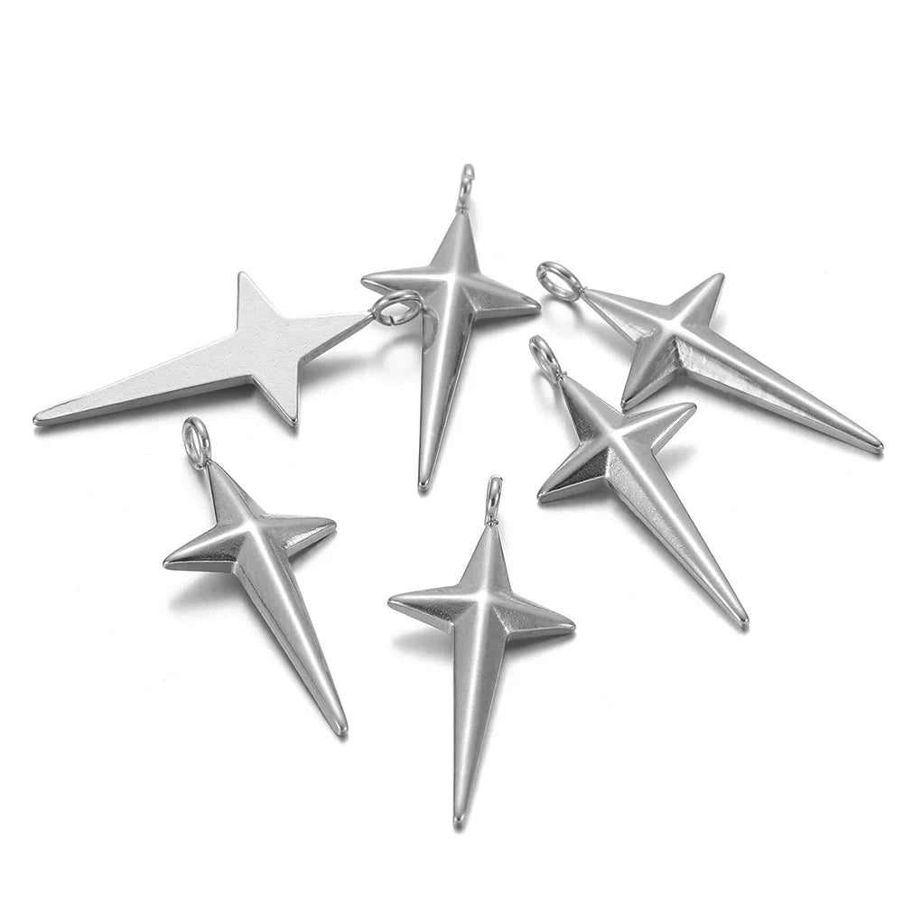 Silver-tone star cross charms with hanging loops, stainless steel, set of 5