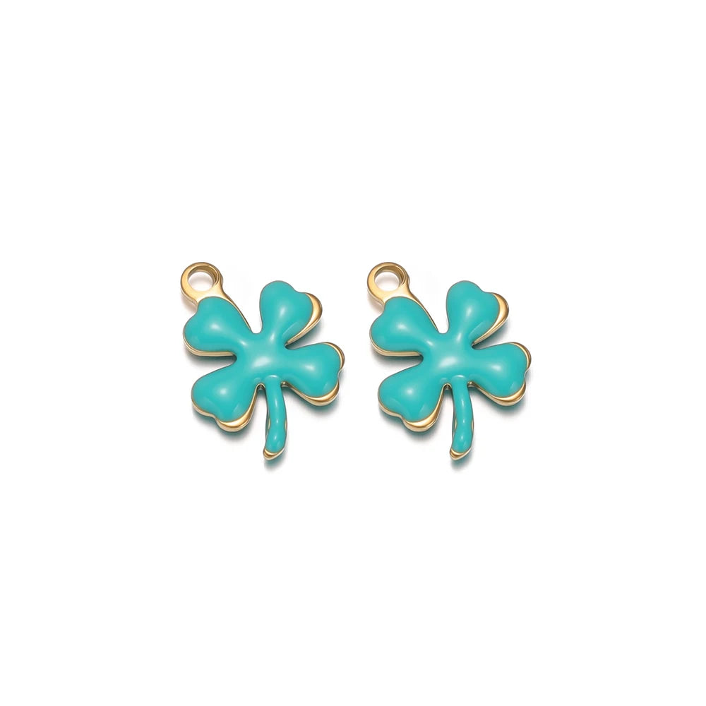Teal enamel clover flower charms with gold-tone loop for DIY jewelry making