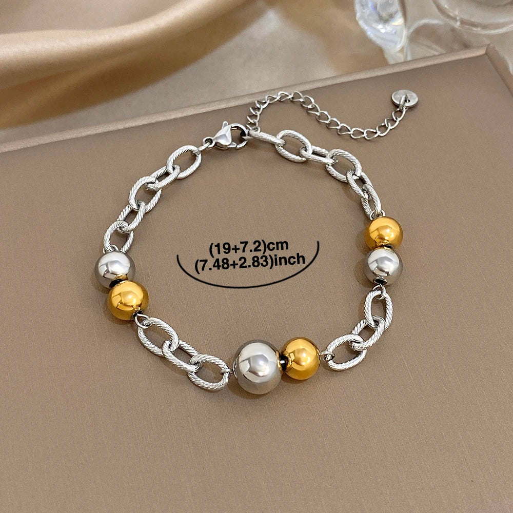 Chubby Two Tone Round Beads Bracelet for Women Fashion Gold Plated Stainless Steel Chain Bracelets Waterproof Jewelry