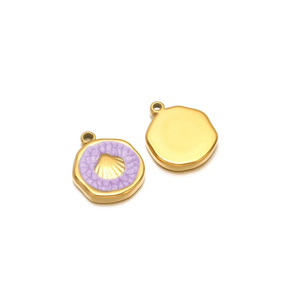Enamel shell charm pendants, one purple with gold shell design and one yellow plain cap