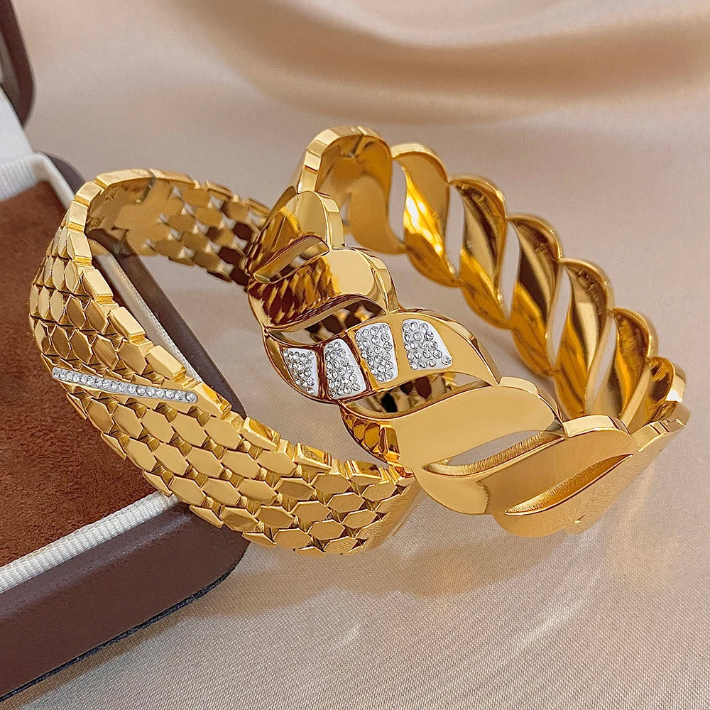 Luxury Rhinestone Stainless Steel Cuff Bracelet for Women Trendy Zircon Geometric Gold Color Wide Bangles Waterproof Jewelry Set