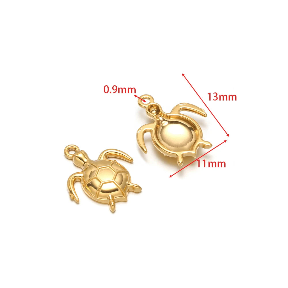 Stainless steel animal charm pendants set, turtle shaped with gold-tone finish and loops