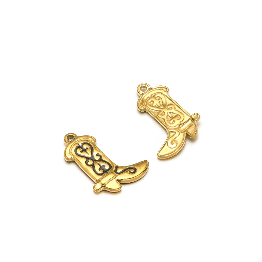 Set of two enamel boot charms, gold-tone; both dark enamel