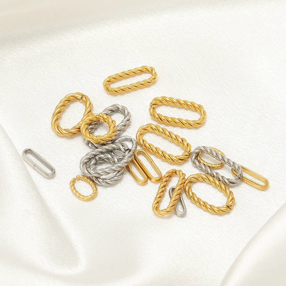 Gold and silver oval twist-open connector charms, braided metal bezels set