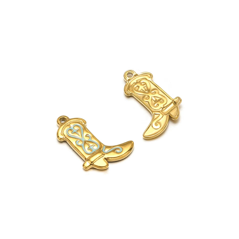 Gold-tone cowboy boot charm pendants with enamel, two pieces with loop bails