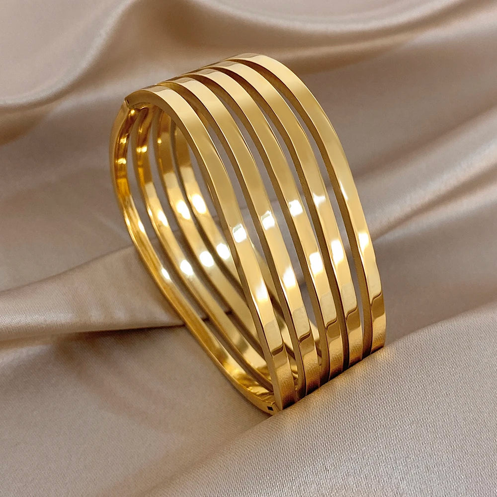 Irregular Geometric Zircon Wide Bracelets for Women Unique Design Gold Plated Stainless Steel Cuff Bangle Waterproof Jewelry Set
