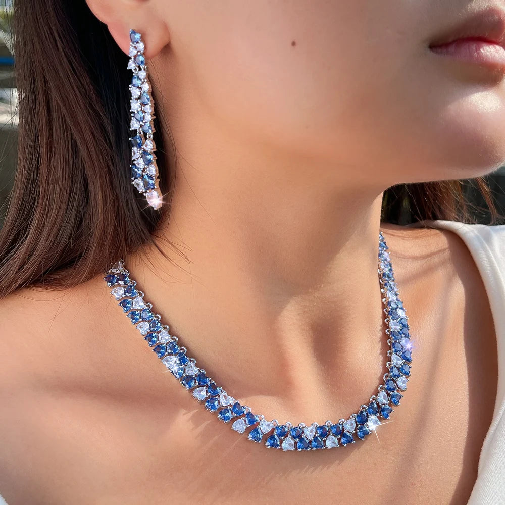 Luxury Shiny Blue CZ Zircon Heart Shape Wedding Jewelry Sets for Women Bridal Necklace Earrings