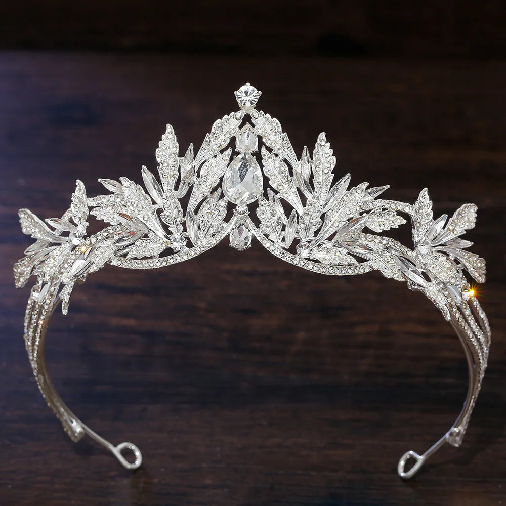 Silver rhinestone tiara headband with clear leaf and marquise crystal accents