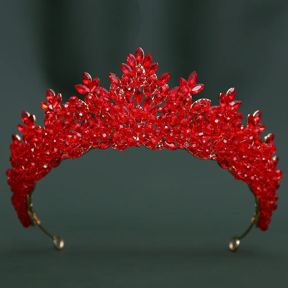 Large bridal tiara with red crystal flower crown and gold-tone headband