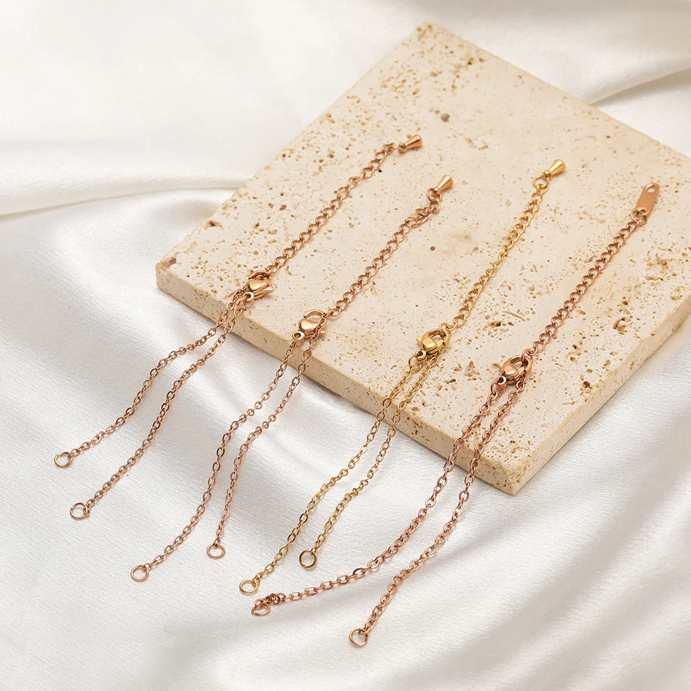 Set of rose gold adjustable flat link chain bracelets with extension and small clasps