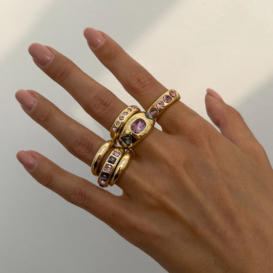 6Pcs Gold Adjustable Ring Daily Wear Jewelry Inlaid Purple Rhinestone Open Ring Set for Women