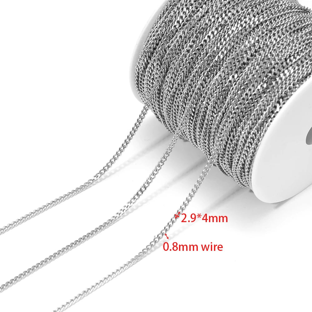 Stainless steel Cuban link chain, 2.9x4mm links, 0.8mm wire