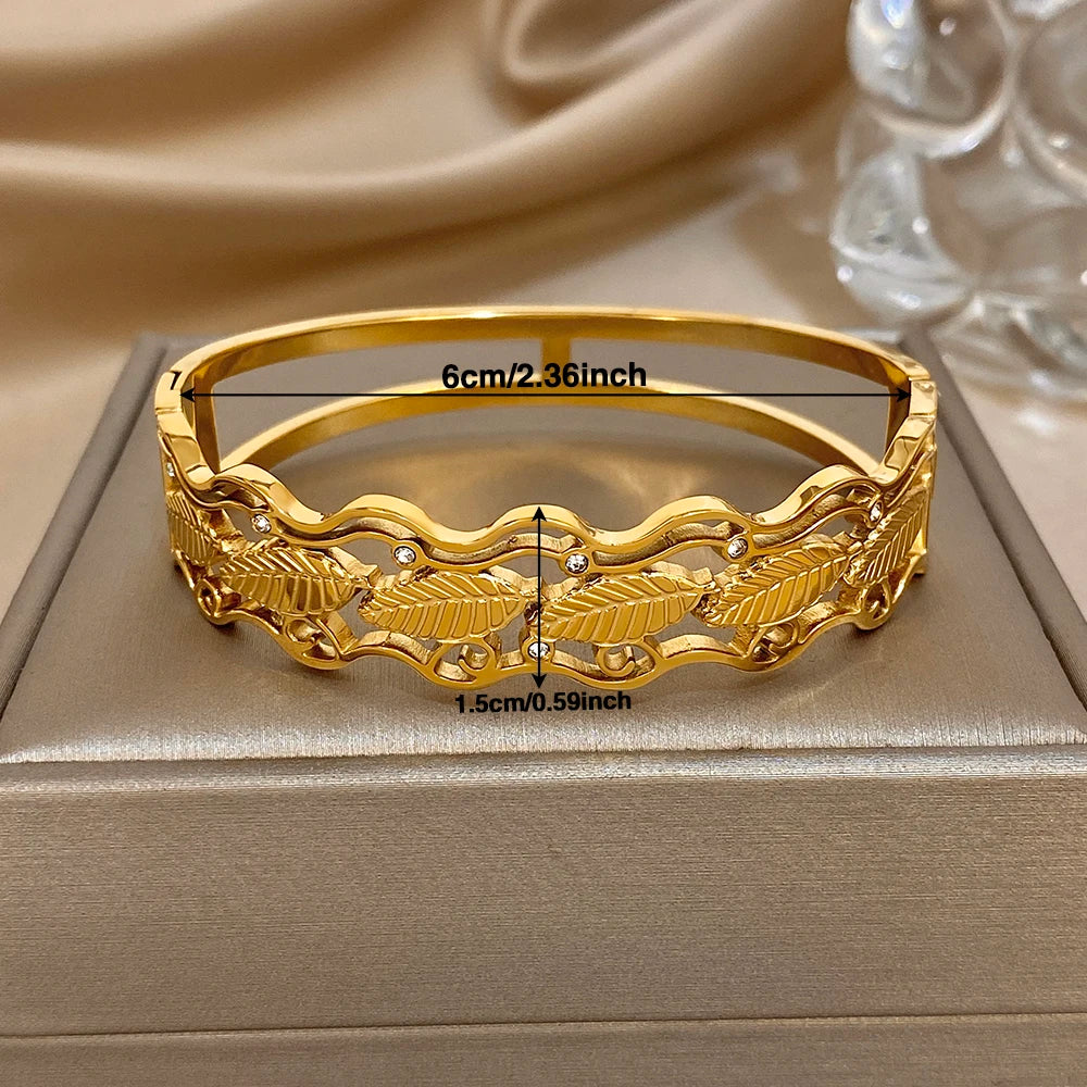 Chunky Geometric Leaves Wave Wide Bracelet for Women Trendy Gold Plated Stainless Steel Cuff Bangle Bracelets Waterproof Jewelry