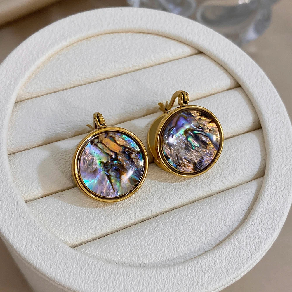 Round iridescent abalone shell hoop earrings in gold tone with hinged hooks