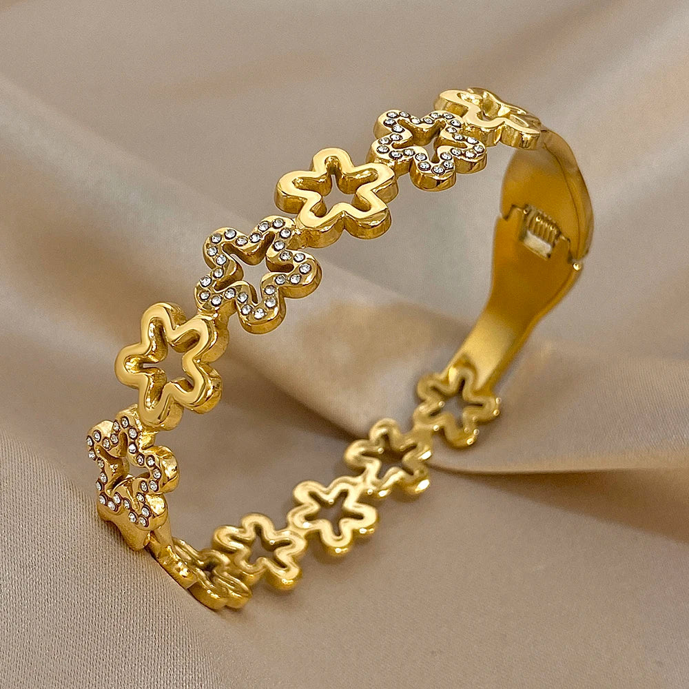 Irregular Zircon Flowers Stainless Steel Bracelet for Women Stylish Gold Plated Cuff Bangle Bracelets Waterproof Jewelry