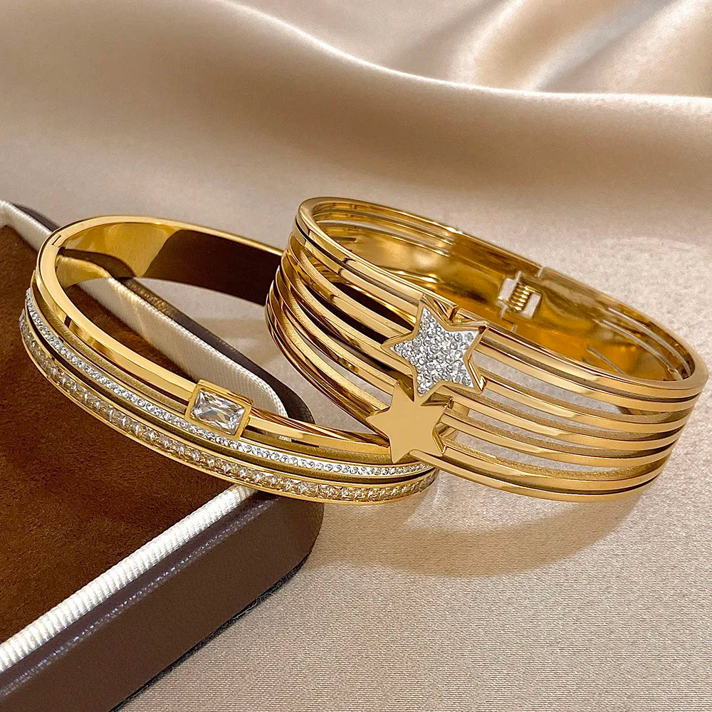 Rhinestone Star Layered Wristband Bangle Chunky Jewelry Gold Color Stainless Steel Cuff Bracelet for Women