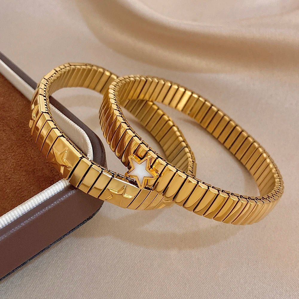 Fashion Star Textured Stainless Steel Bracelet for Women Men Adjustable Elastic Watchband Bangle Bracelets Waterproof Jewelry