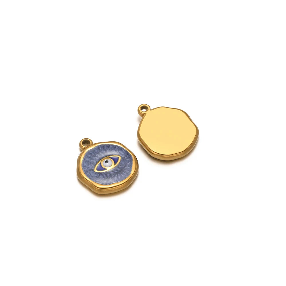 Enamel evil eye charm pendant with blue eye on round gold bezel
