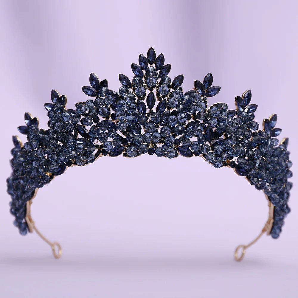 Large bridal tiara with dark blue crystal flower clusters and gold-tone frame
