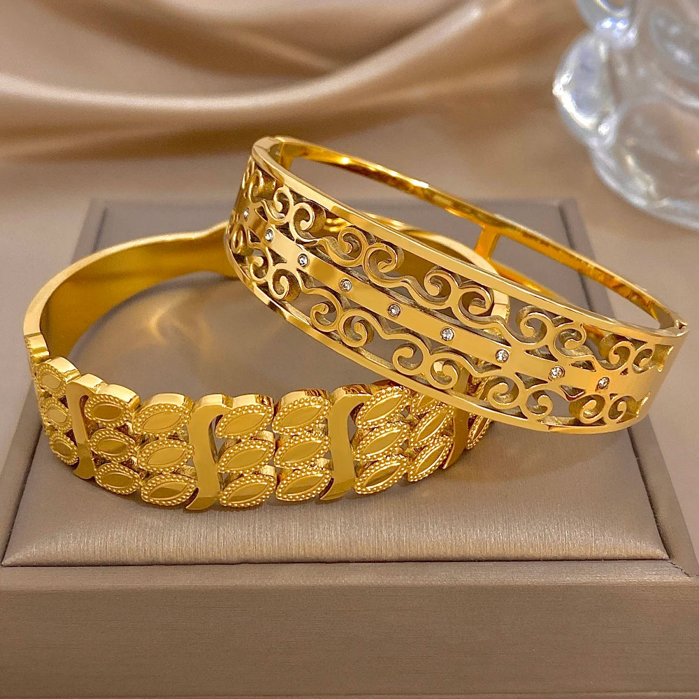 Delicate Geometric Flower Carved Wide Bracelet for Women Glossy Gold Plated Stainless Steel Cuff Bangles Waterproof Jewelry