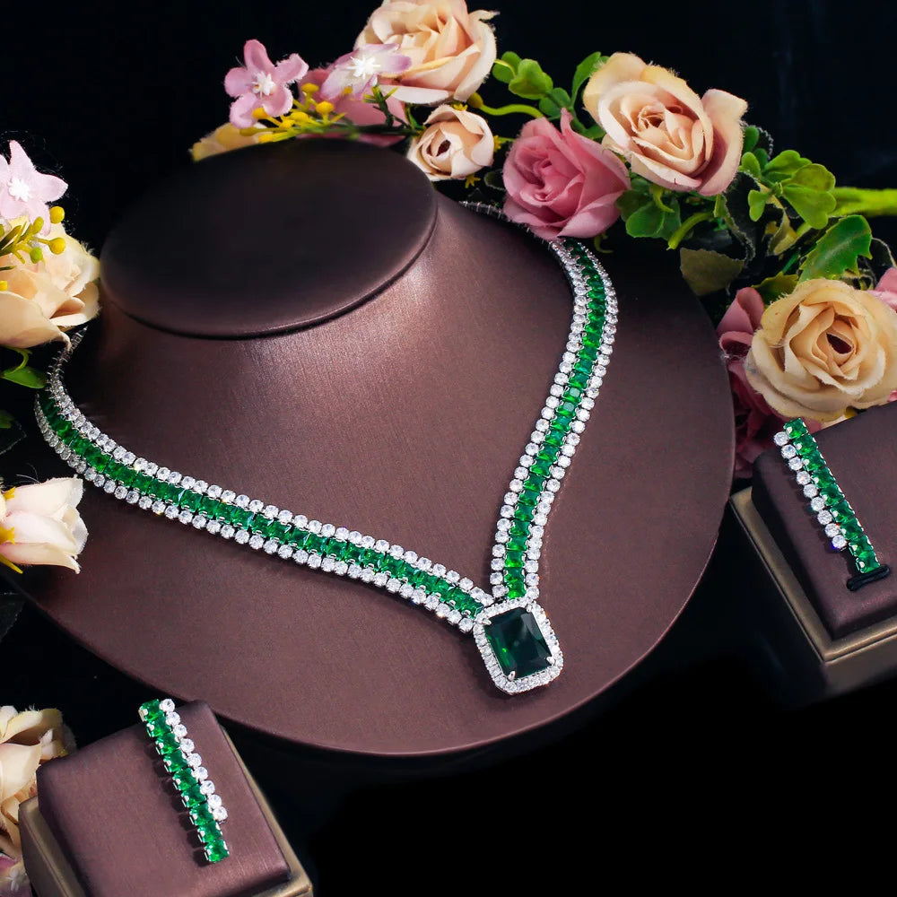 Green cubic zirconia rectangle pendant necklace with matching drop earrings, full set view