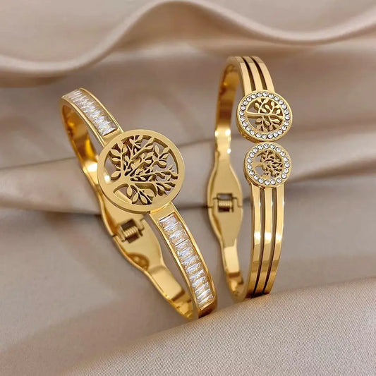 Gold-tone stackable bracelet set with tree-of-life charm and clear stone accents