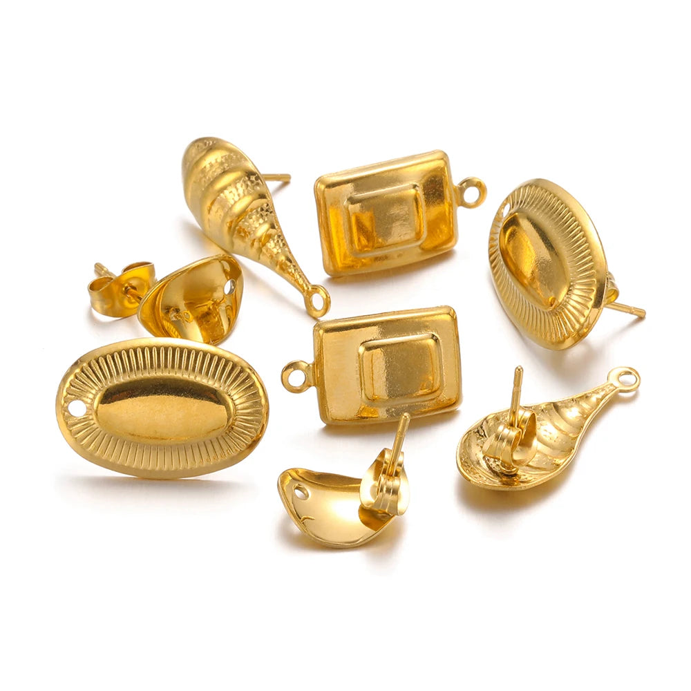 Gold stud earring findings assortment with oval, square, and cone shapes, DIY connectors