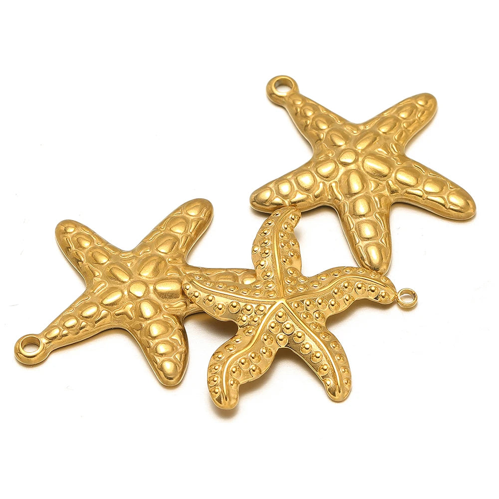 Gold starfish charm pendants with textured pattern and loop bails, five-piece set