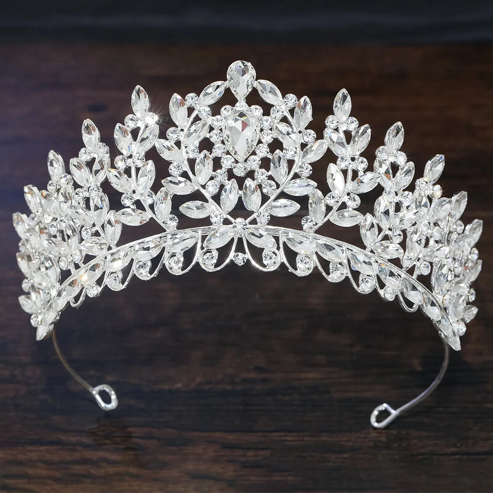 Silver crystal leaf-branch tiara with faceted teardrop stones and arched headband
